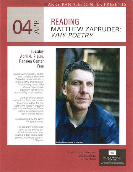 Poetry Reading: Matthew Zapruder