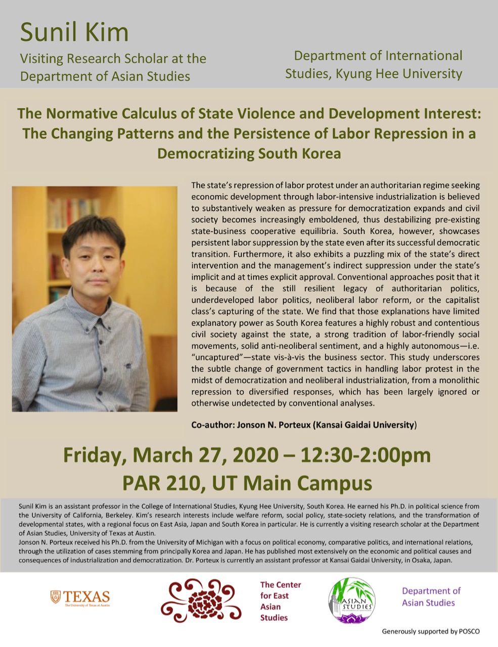 Talk: The Normative Calculus of State Violence and Development Interest: The Changing Patterns and the Persistence of Labor Repression in a Democratizing South Korea