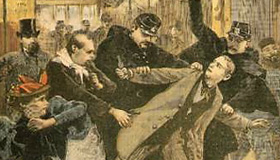Oswaldo Tofani: A Bomb at the Cafe Terminus, the Arrest of the Assassin, illustration from Le Petit Journal, Feb. 26, 1894