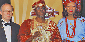 Dr. C. Bantz, IUPUI Chancellor; Dr. T. Falola, 2009 Africana Studies Distinguished Global Scholar Lifetime Achievement Award recipient; Chief Dr. Mrs. B. House Soremekun, Conf. Convener & MC