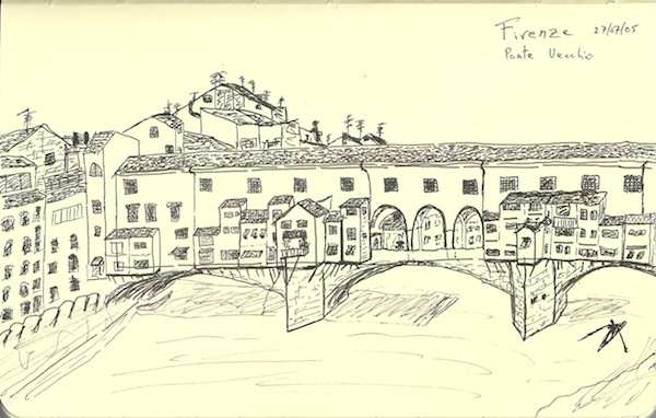 Drawing of Ponte Vecchio is taken from Robert Lemon’s 2005 travel sketchbook.