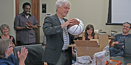 Graduate Advisor Jim Sidbury receives his appreciation-goodbye gift