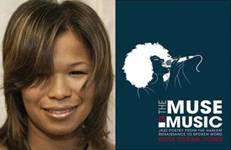 Meta Jones and the book cover for 'The Muse is Music'