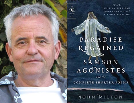 John Rumrich and the book cover of 'Paradise Regained, Samson Agonistes, and the Complete Shorter Poems'