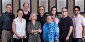 Back row: Profs. Brown, Butler, Garfield, Garrard-Burnett, Canizares-Esguerra, and Guridy. Front row: Profs. Del Castillo, Deans-Smith, and Twinam. Photo by Tamir Kalifa.