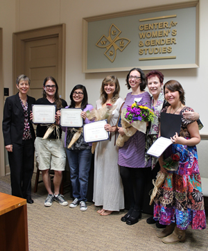 The CWGS Annual Spring Reception. From left: Mollie Marchione, Brandon Robinson, Victoria Dominguez, Rebecca Besaw, Rebecca Rossen, Sue Heinzelman, and Zazil Elena Reyes Garcia.