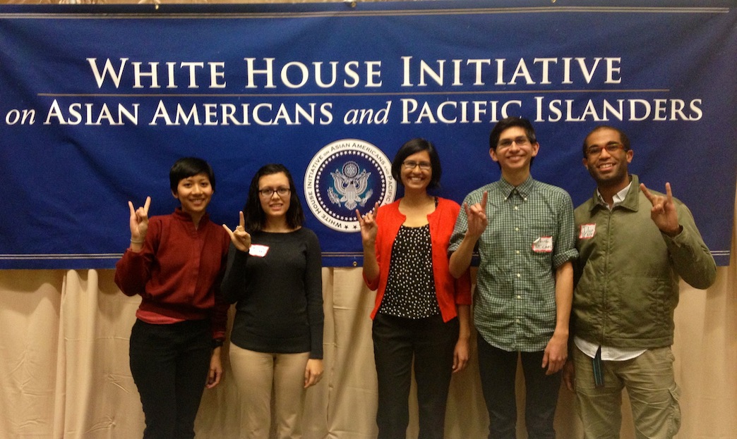 From left to right, Tu-Uyen Nguyen (AAS major), Kristine Staggs (AAS major), Sona Shah (CAAS staff), Marlon Hendrick (AAS major), and Julian Joseph (AAS major)