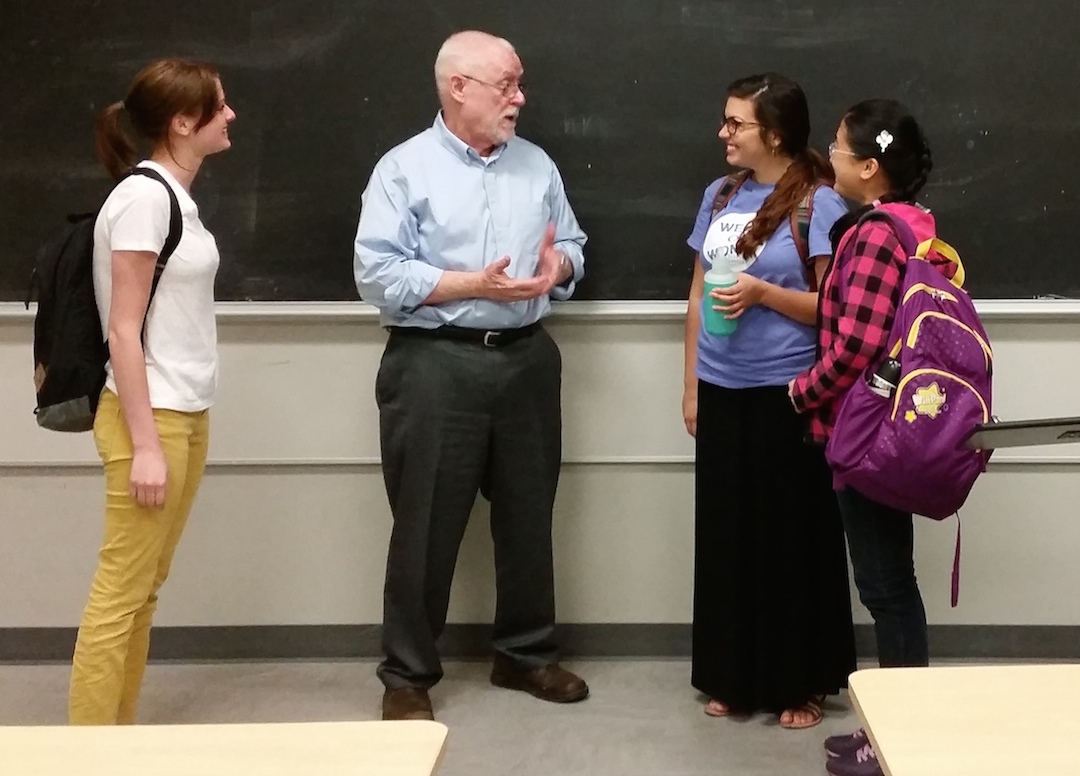 Dr. Zonn talking with students after class, spring semester, 2015. Photo courtesy of Nicole Siegel