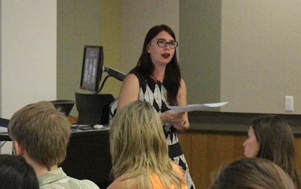 Dr. Julie Minich discusses research for current book project on health, justice, and Latina/o expressive culture. Photo: Andy Escobar
