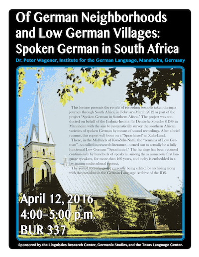 Dr. Wagener will talk on German as spoken in South Africa