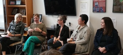 Author Kristen Hogan with university collaborators Cvetkovich (far left), Alrutz, Davis and Zarate.