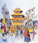 Kathmandu's Freak Street, c. 1972. Watercolor by Desmond Doig