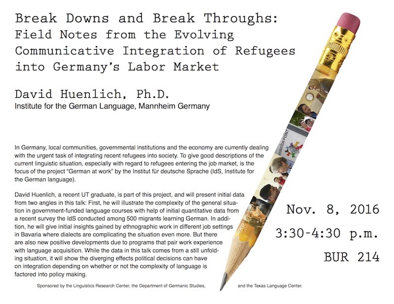 Dr. Huenlich will talk about issues of language and dialect that complicate economic issues surrounding migration in Germany
