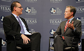 James Henson interviews Speaker Joe Straus (right), 2015. Photo by Ryan Miller, Texas Politics Project