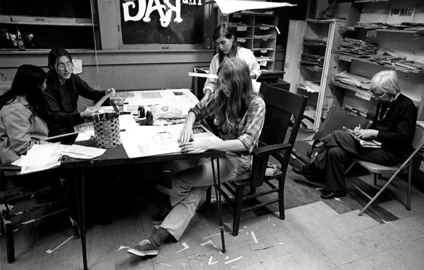 Photo by Alan Pogue. Women of The Rag and “Mother Smith” (right) work on layout, Feb. 1974.