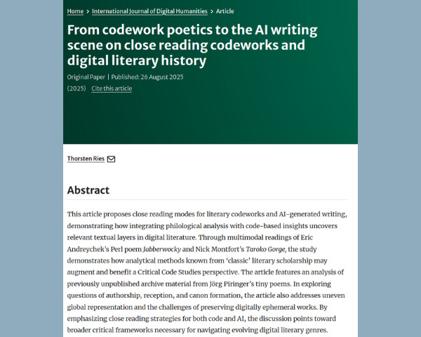 Thorsten Ries publishes an article on Digital Literature in IJDH>