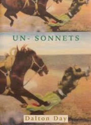 Picture of the cover of "Un-Sonnets" by Dalton Day. The cover depicts a horse galloping into a falling figure. The picture appears twice on the top and bottom half of the page.