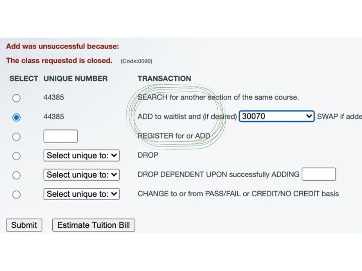 Class registration screen for adding waitlists.