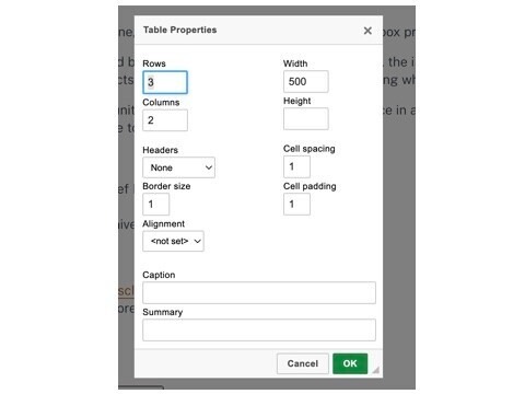 dialog box with table properties