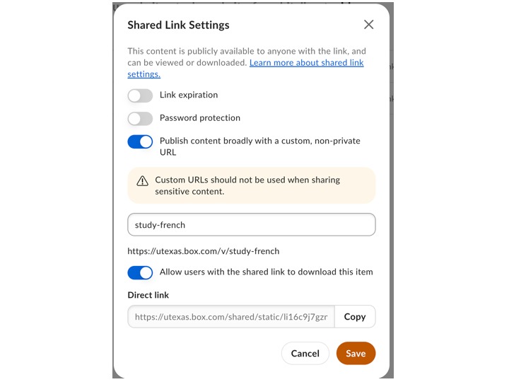 screenshot of the Box Shared Link Settings dialog